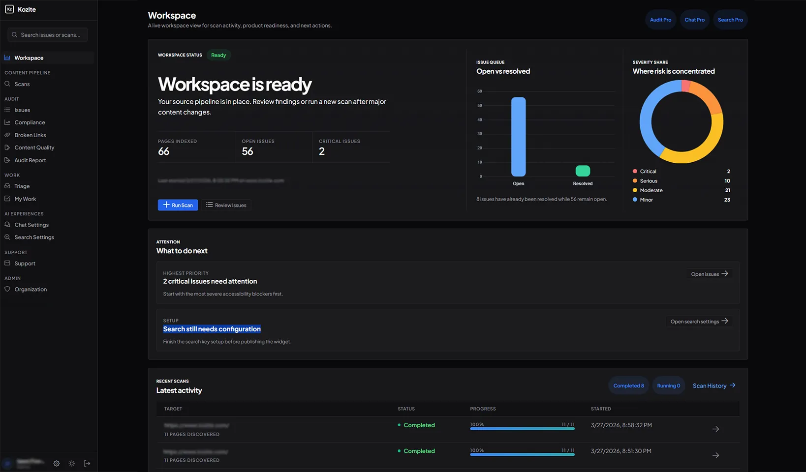 Kozite platform dashboard showing accessibility audit results, search analytics, and chatbot configuration